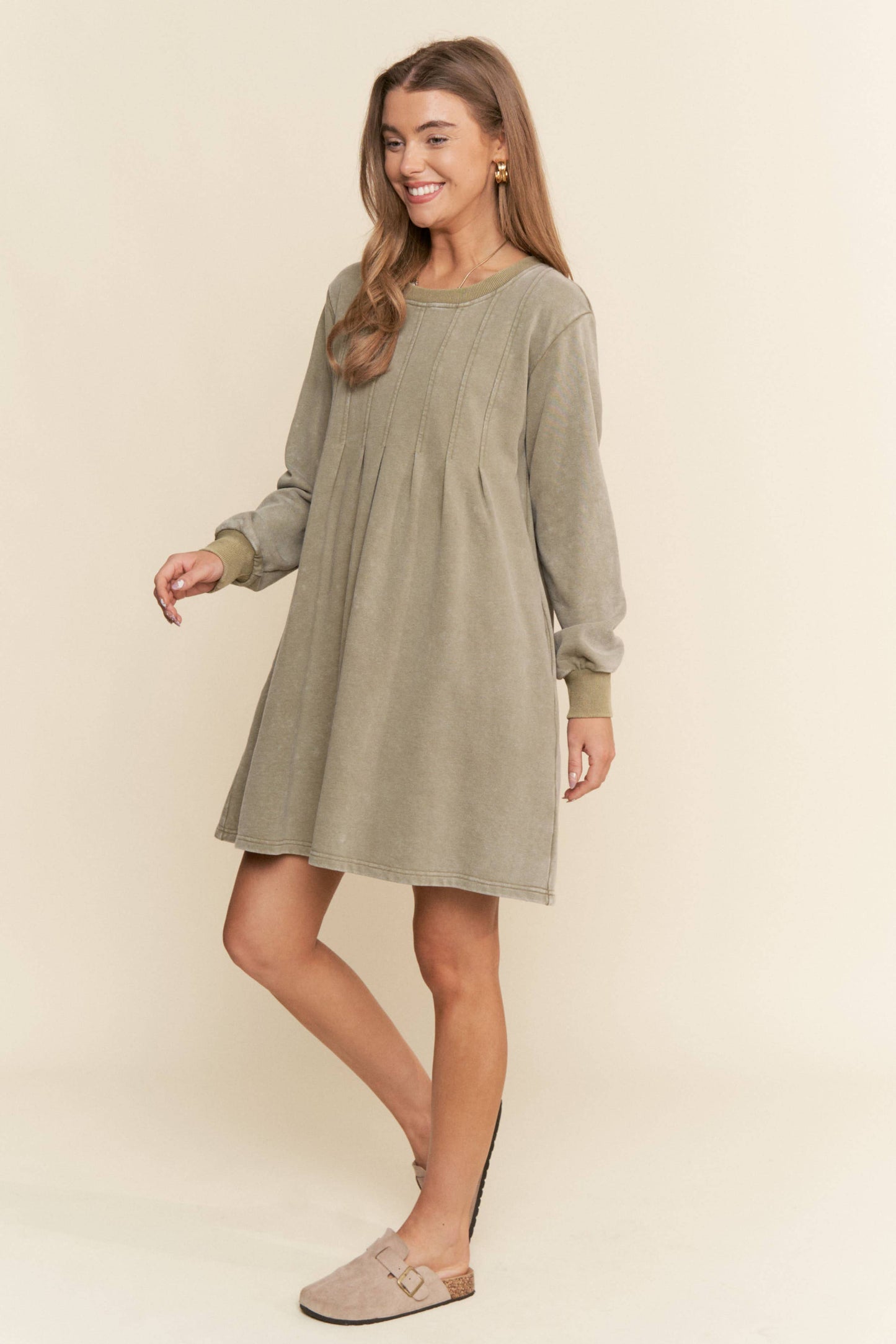 Pleated Round Neck Long Sleeve Sweater Dress