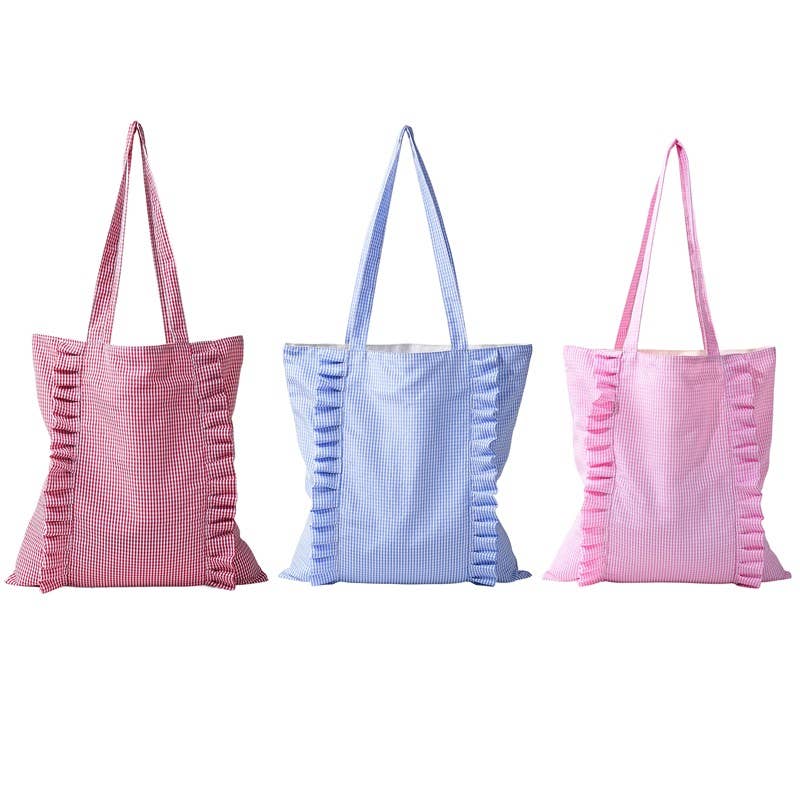 Gingham Ruffle Canvas Shoulder Tote Bag | Red