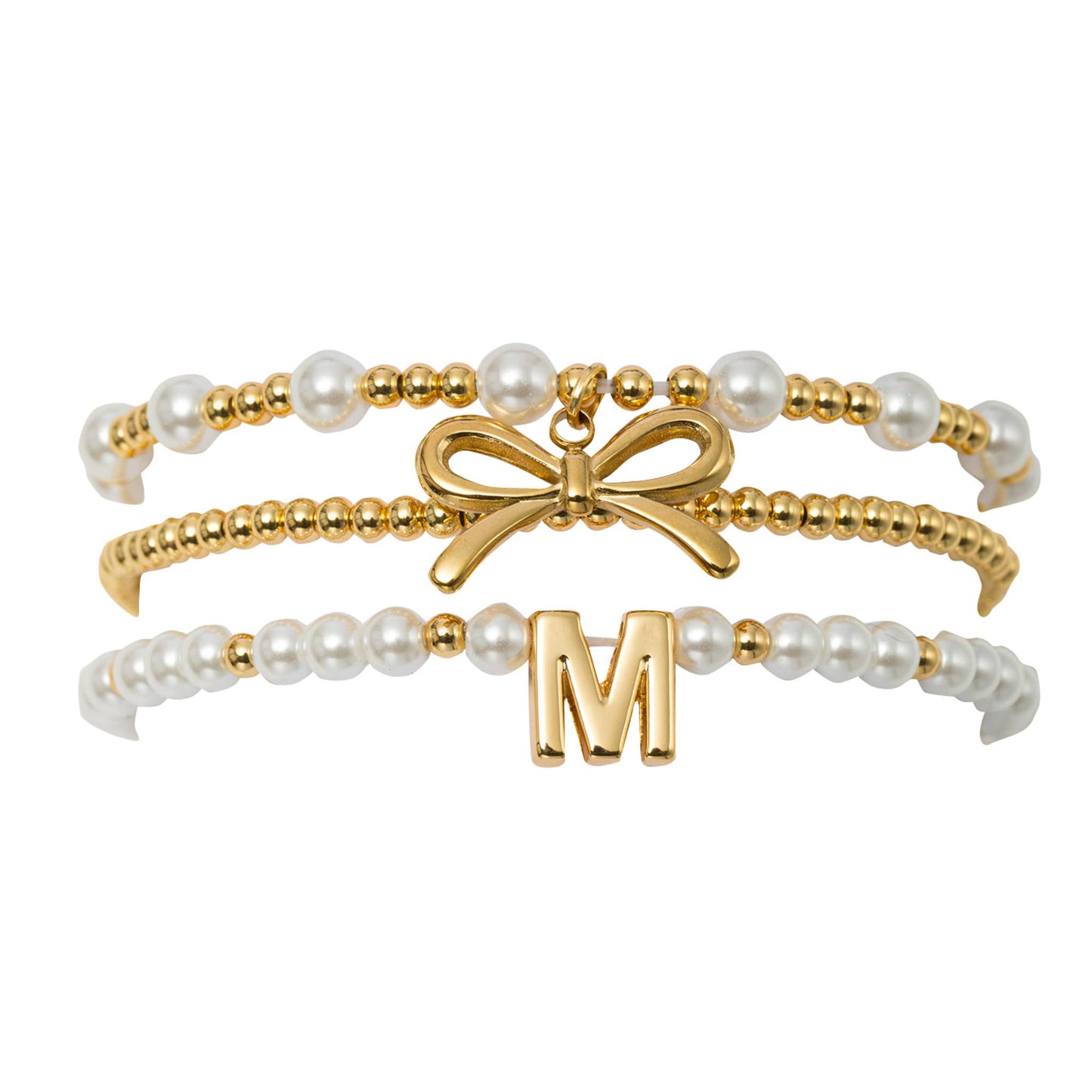 18K Gold Plated Set of 3 Pearl Bracelet with Bow & "M"