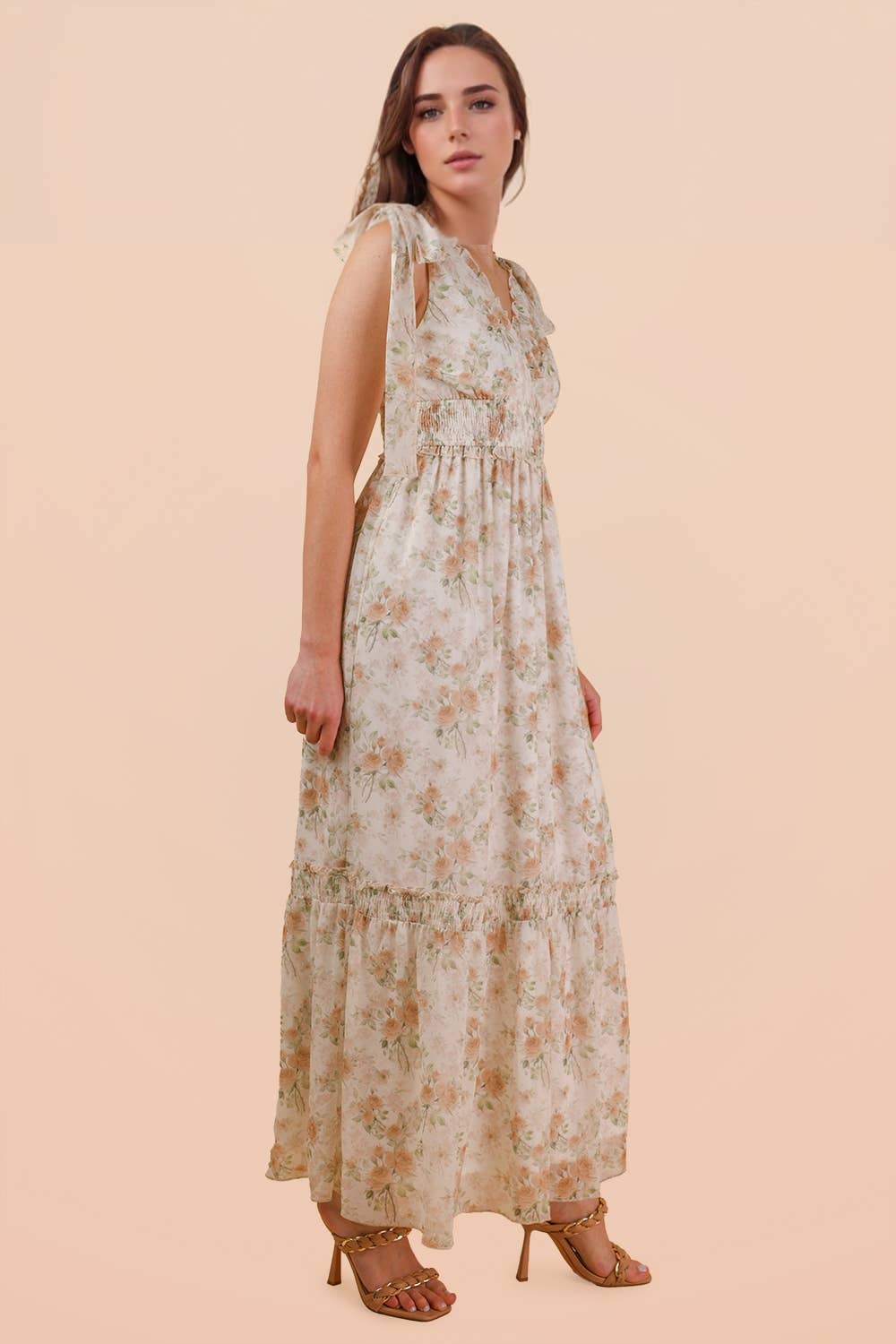 Floral Printed Shoulder Strap Midi Dress: PEACH MIX