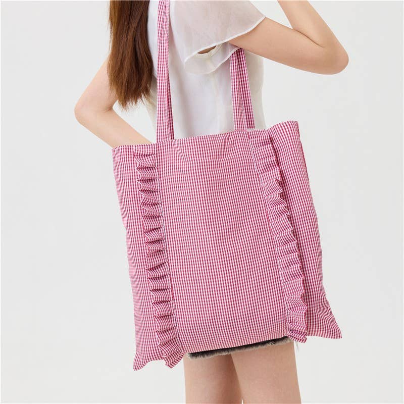 Gingham Ruffle Canvas Shoulder Tote Bag | Red