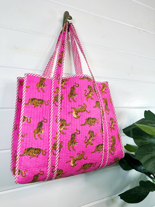 Quilted Tote Bag | Pink Tiger Tote | Large Shopping Tote Bag