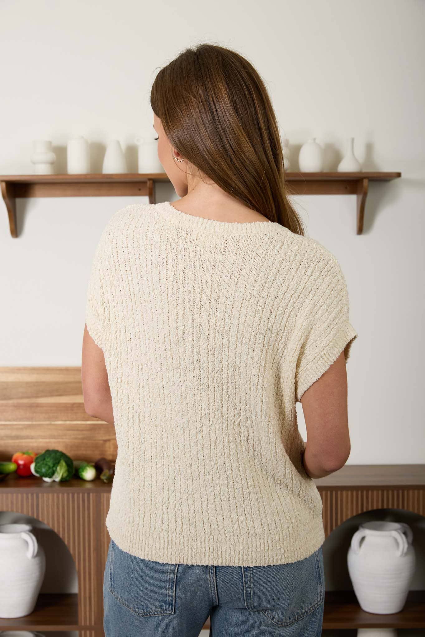 COZY SHORT SLEEVE BUTTON DOWN KNIT SWEATER: CREAM