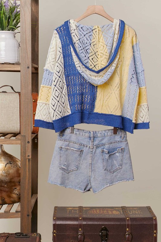 Patchwork Knit Hoodie Cardigan