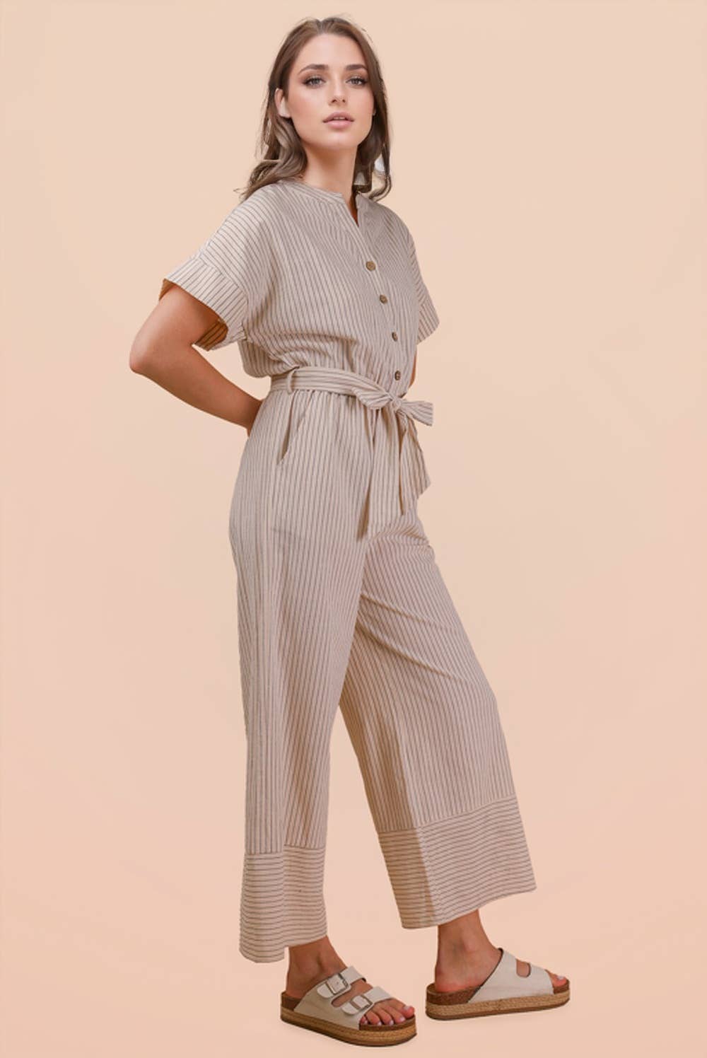 Half Button Down Stripe Linen Woven Jumpsuit: OATMEAL
