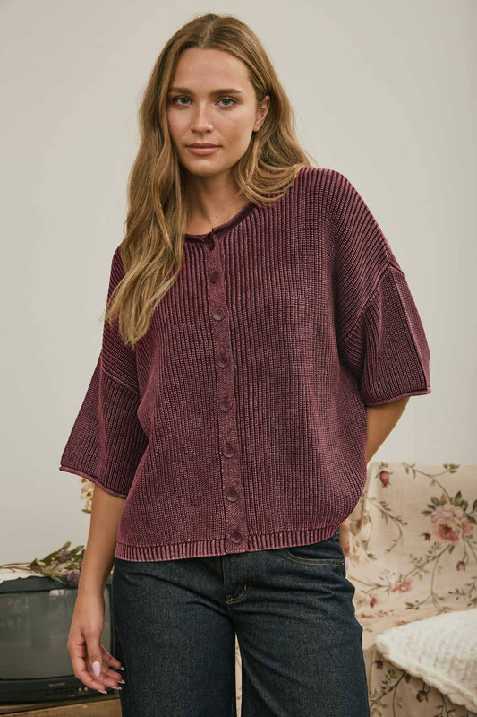 WASHED RIBBED SHORT SLEEVE ROLLED EDGE CARDIGAN: BURGUNDY