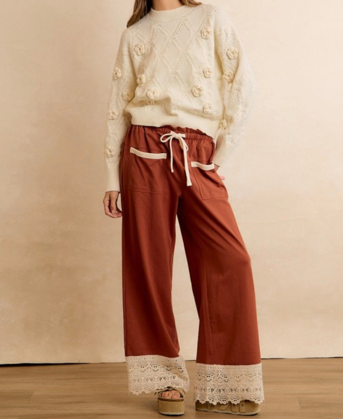 Rust Lace-Hem Wide-Leg Pants