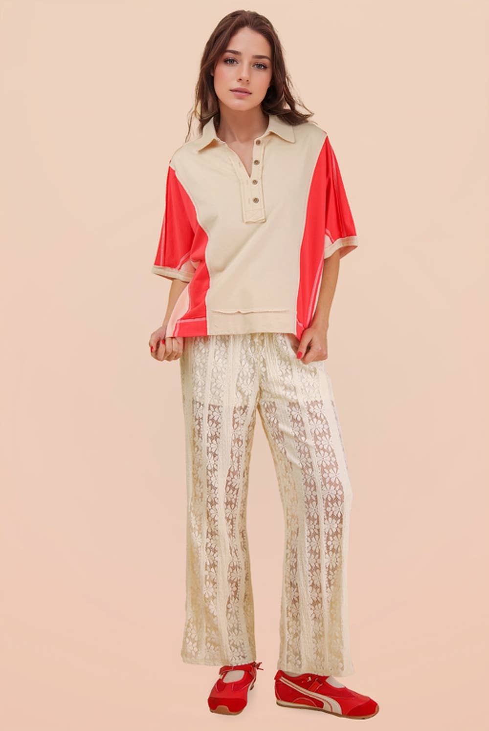 Oversized Dolman Sleeve Color Block Casual Top: TOMATO