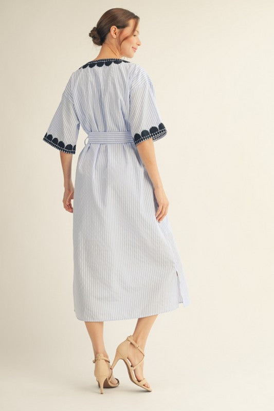 Embroidery Accent Stripe Midi Dress