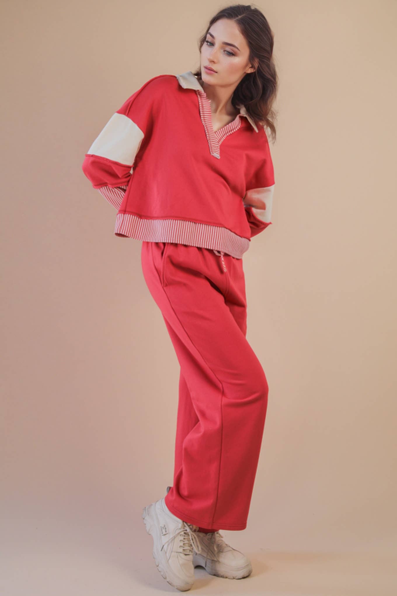 Color Block Casual Knit Top & Pants Set