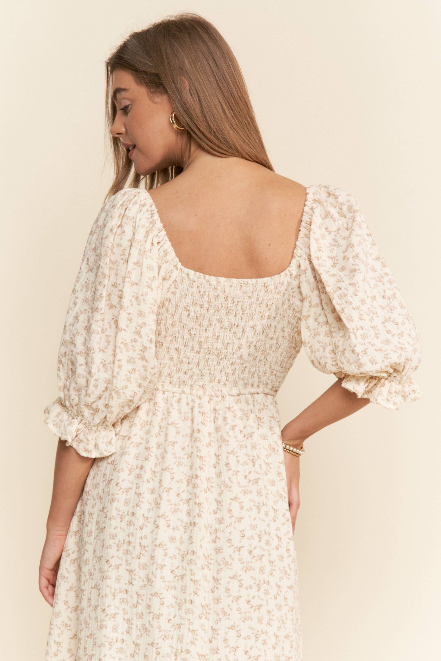 FLORAL PRINT MAXI DRESS: Neutral