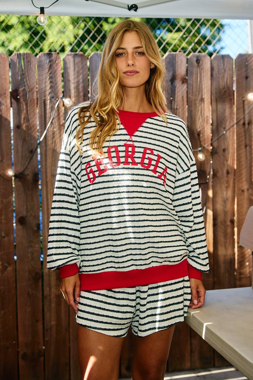 GEORGIA Print Striped Sweatshirt Top: Black/Red