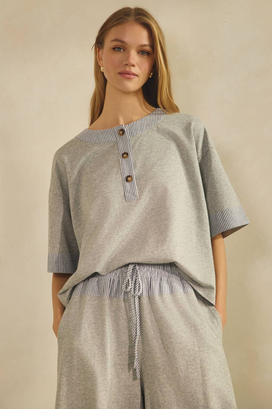 Contrast-trim Henley Top And Pants Set