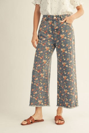 Distressed Hem Floral Denim Pants