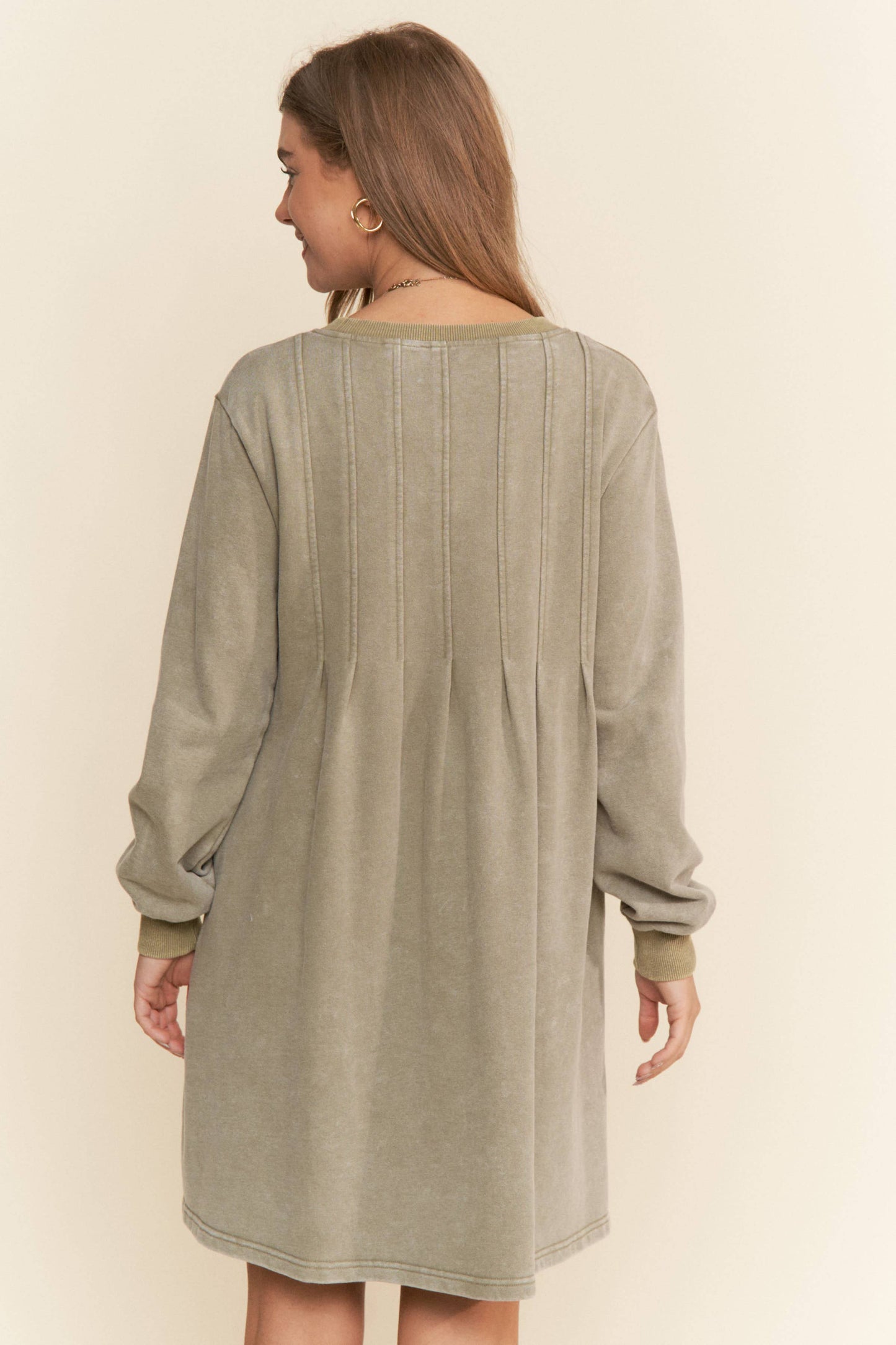 Pleated Round Neck Long Sleeve Sweater Dress