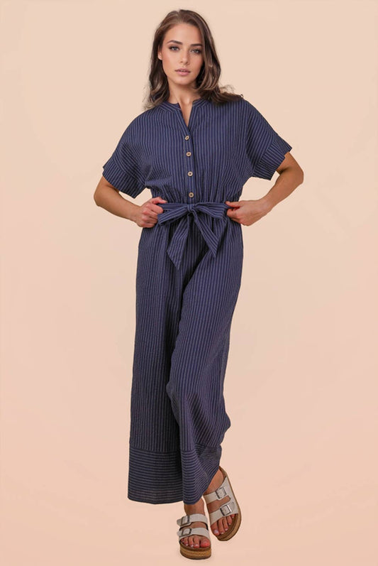 Half Button Down Stripe Linen Woven Jumpsuit: NAVY