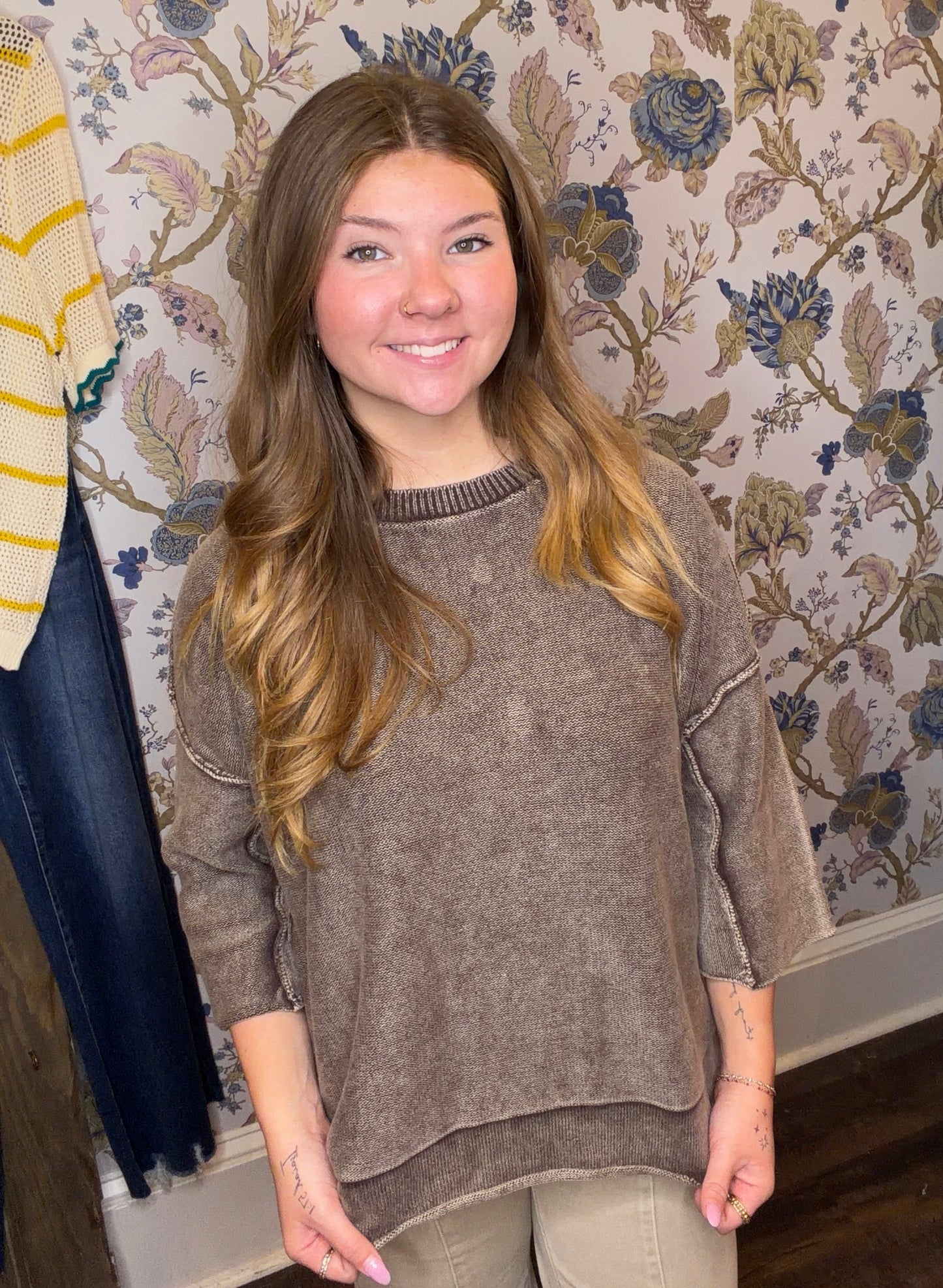 Washed 3/4 Sleeve Boxy Sweater Top