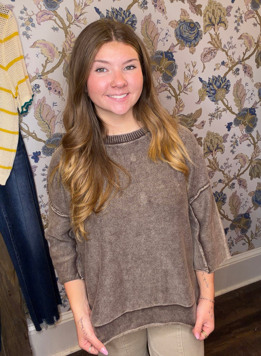 Washed 3/4 Sleeve Boxy Sweater Top