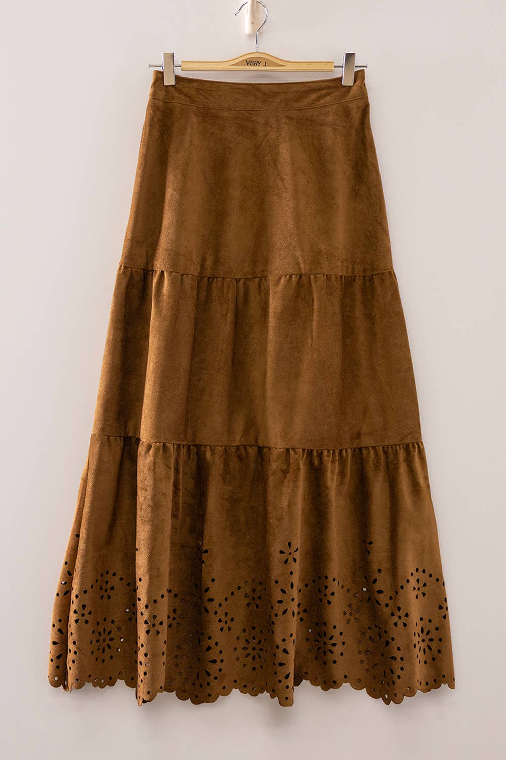 Faux Suede Tiered Midi Skirt: CHOCO