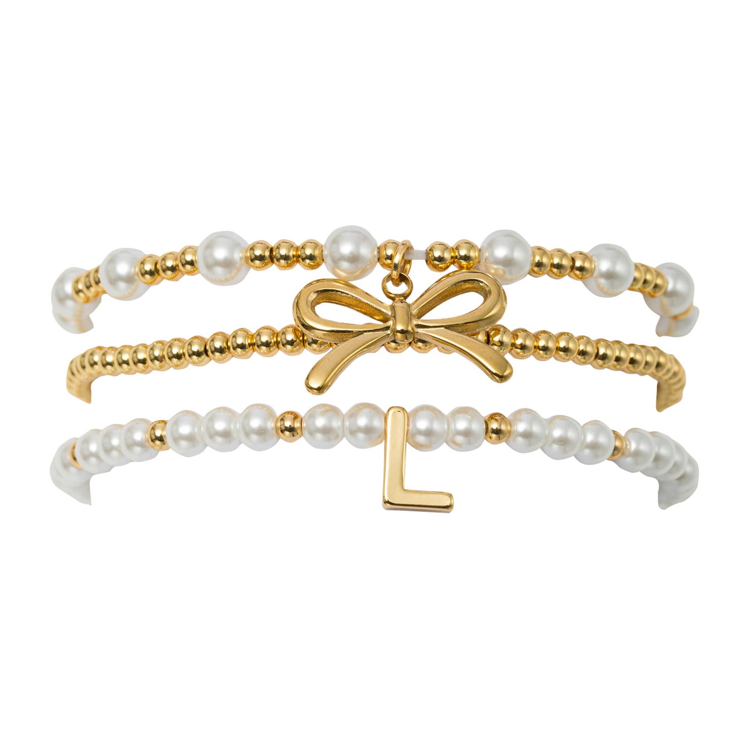 18K Gold Plated Set of 3 Pearl Bracelet with Bow & "L"