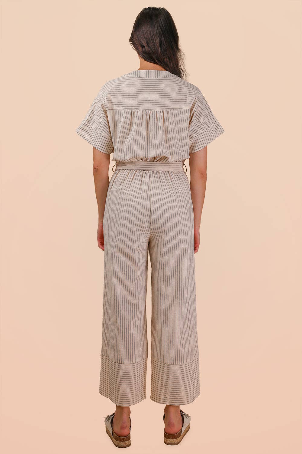 Half Button Down Stripe Linen Woven Jumpsuit: OATMEAL