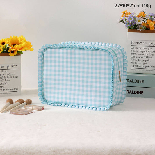 RUFFLE CHECKER STRIPE COSMETIC TRAVEL POUCH BAG |Mint