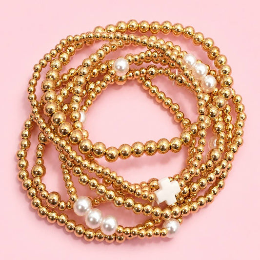 MULTI BALL PEARL BEAD CROSS STRETCHABLE BRACELET |WHITE
