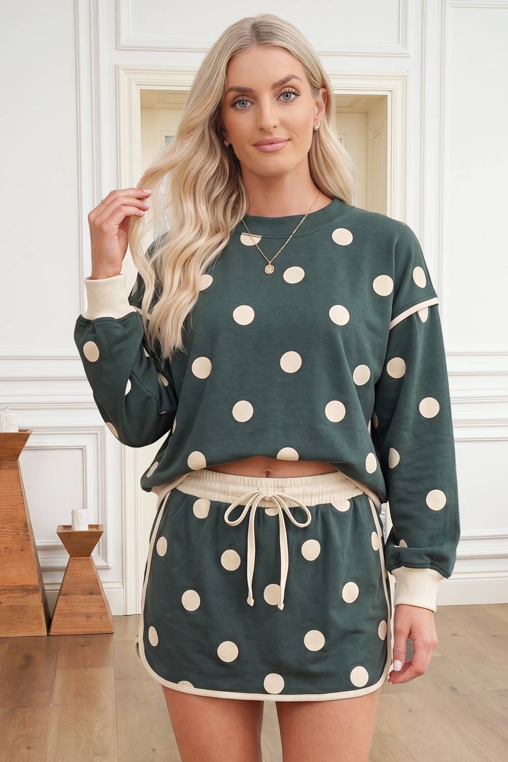 Polka Dot Long Sleeve Top and Skirt Lounge Set