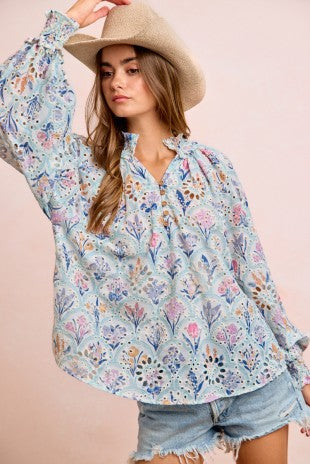 Printed Eyelet Buttoned Blouse