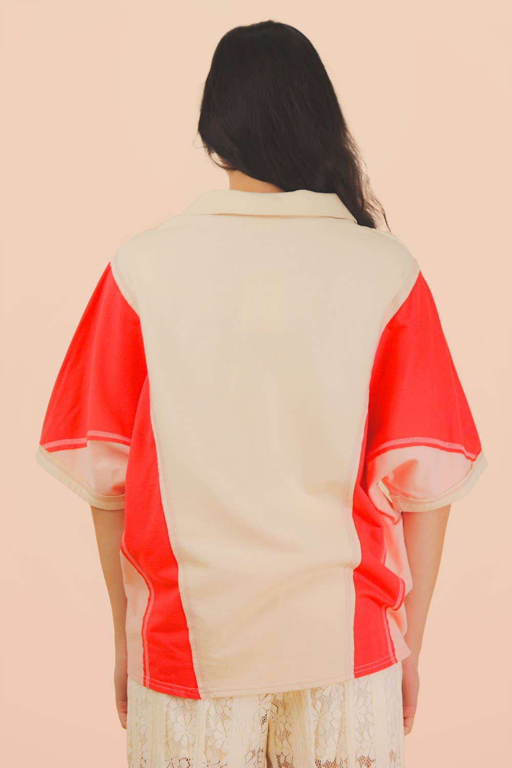 Oversized Dolman Sleeve Color Block Casual Top: TOMATO