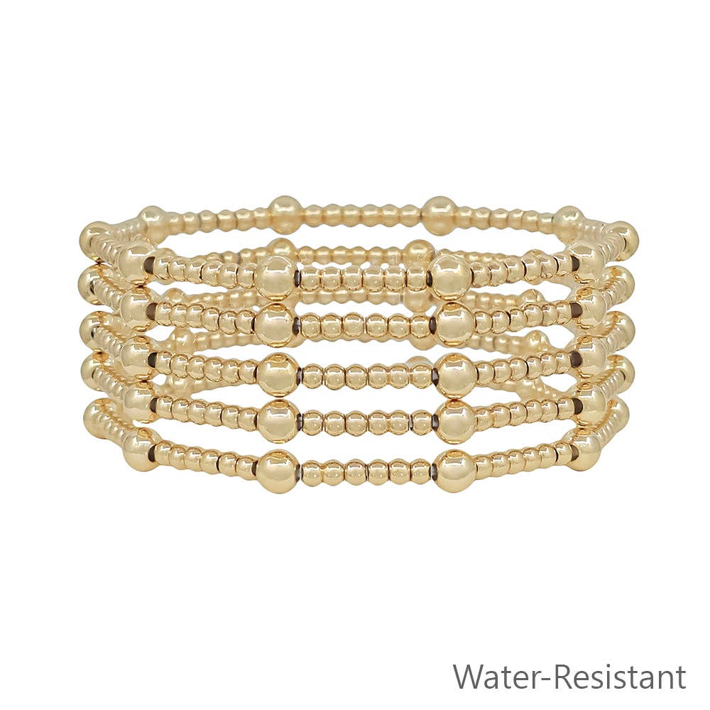 Water Resistant Set of 5 5MM & 3MM Gold Beaded Stretch Bracelet Set
