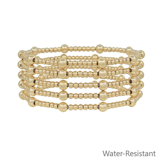 Water Resistant Set of 5 5MM & 3MM Gold Beaded Stretch Bracelet Set