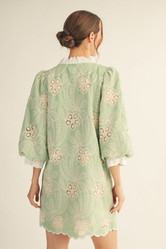 Crochet Lace Accent Embroidered Dress: Green