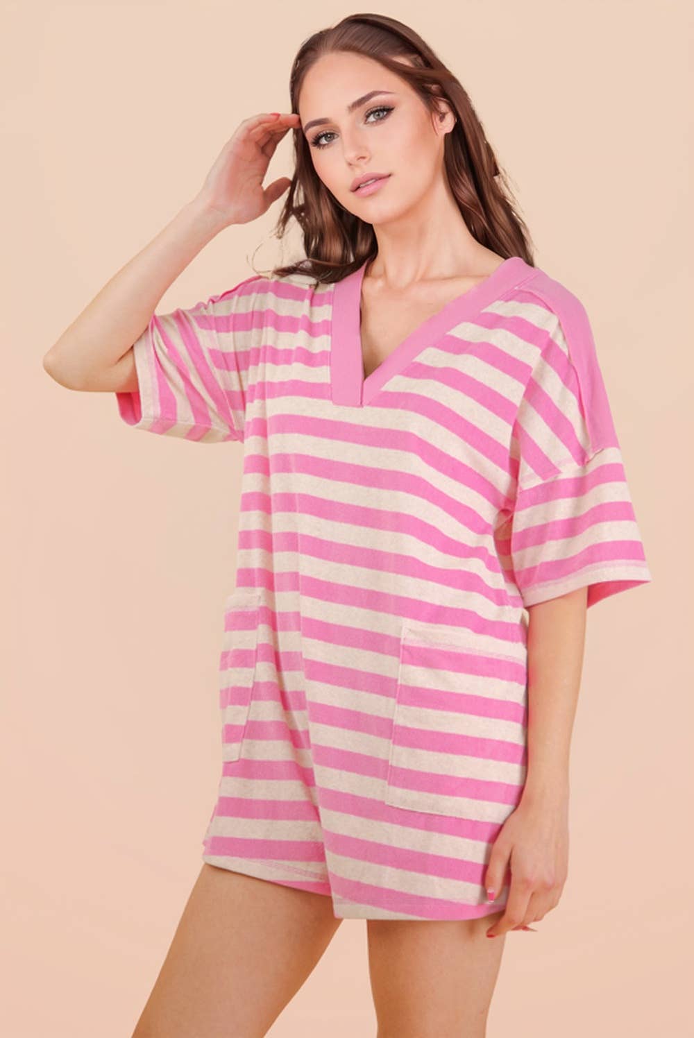 Stripe Casual Knit Romper: PINK/OAT