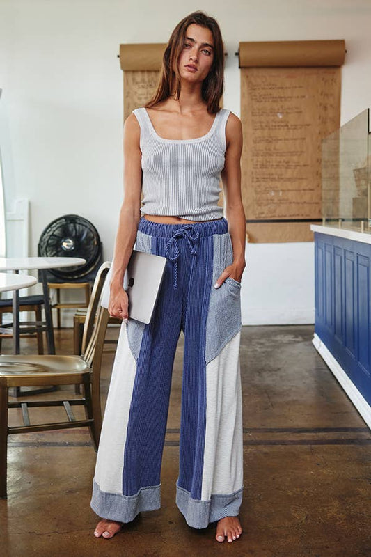 Color-Block Detail Rib Textured Wide Legs Pants