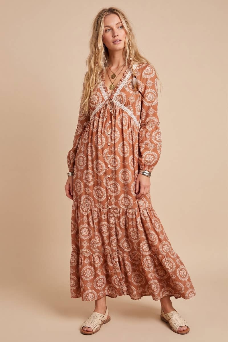Boho Charm V Neck Maxi Dress: BROWN BRONZE