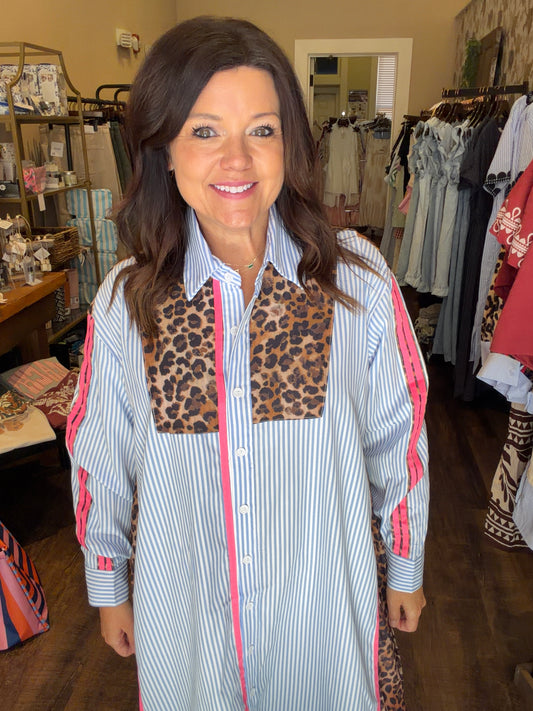 Blue Striped Leopard Shirt Dress