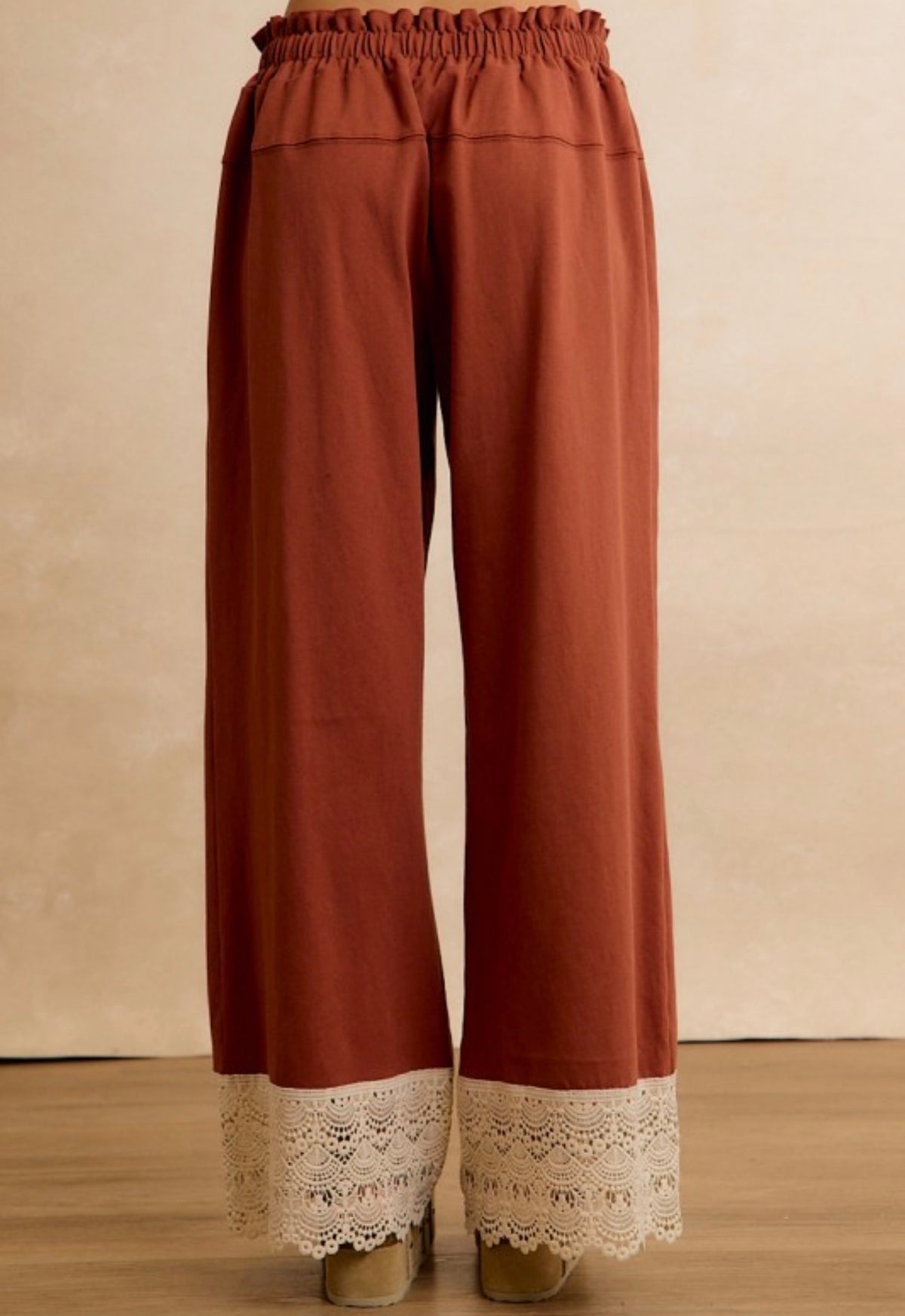 Rust Lace-Hem Wide-Leg Pants