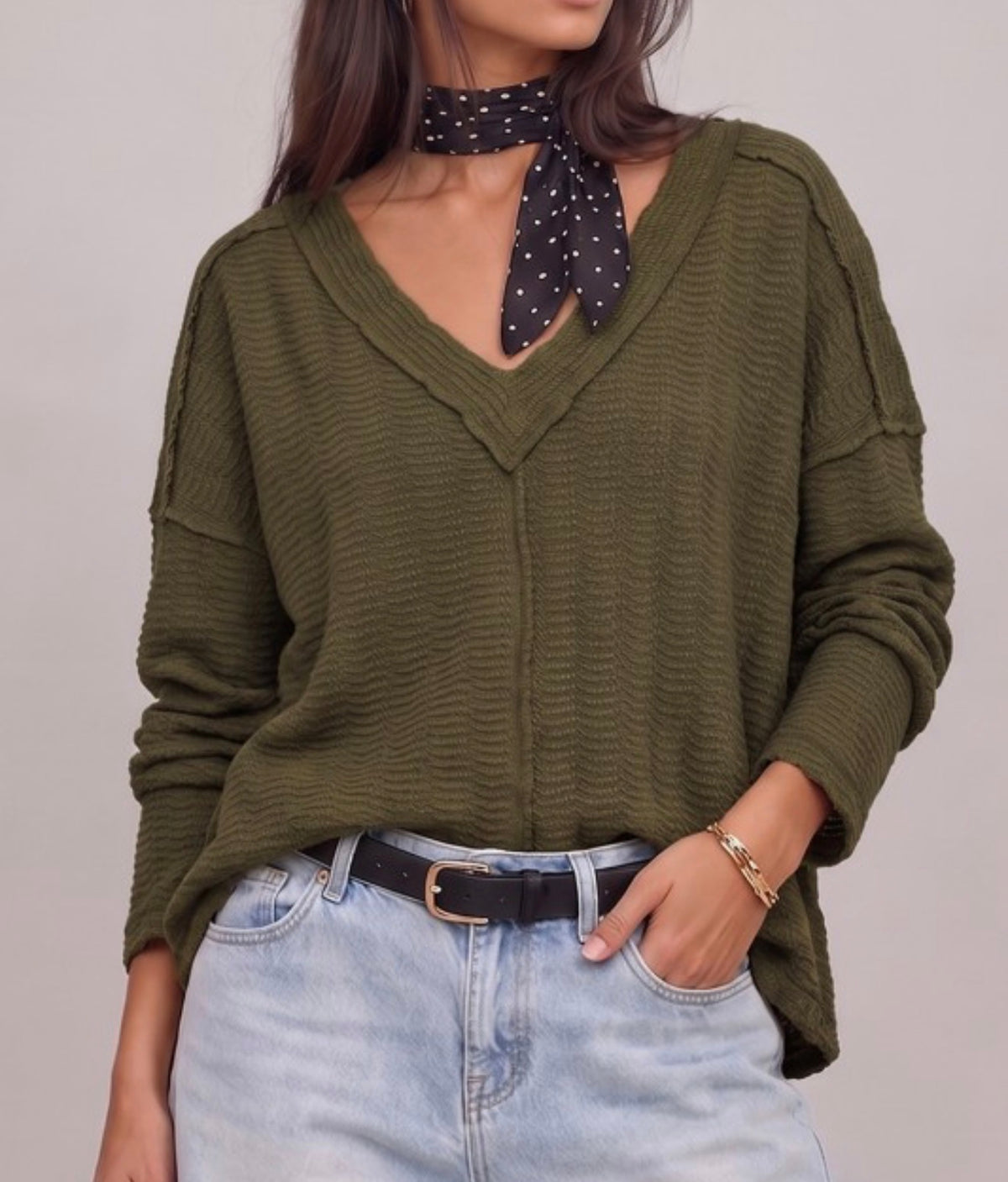 Textured Knit V-Neck Oversized Top