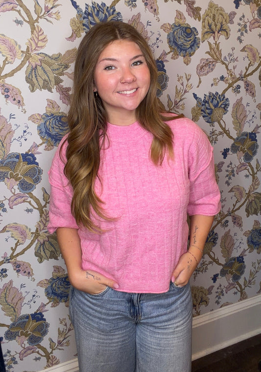 Cropped Length Ribbed Knit Sweater: PINK