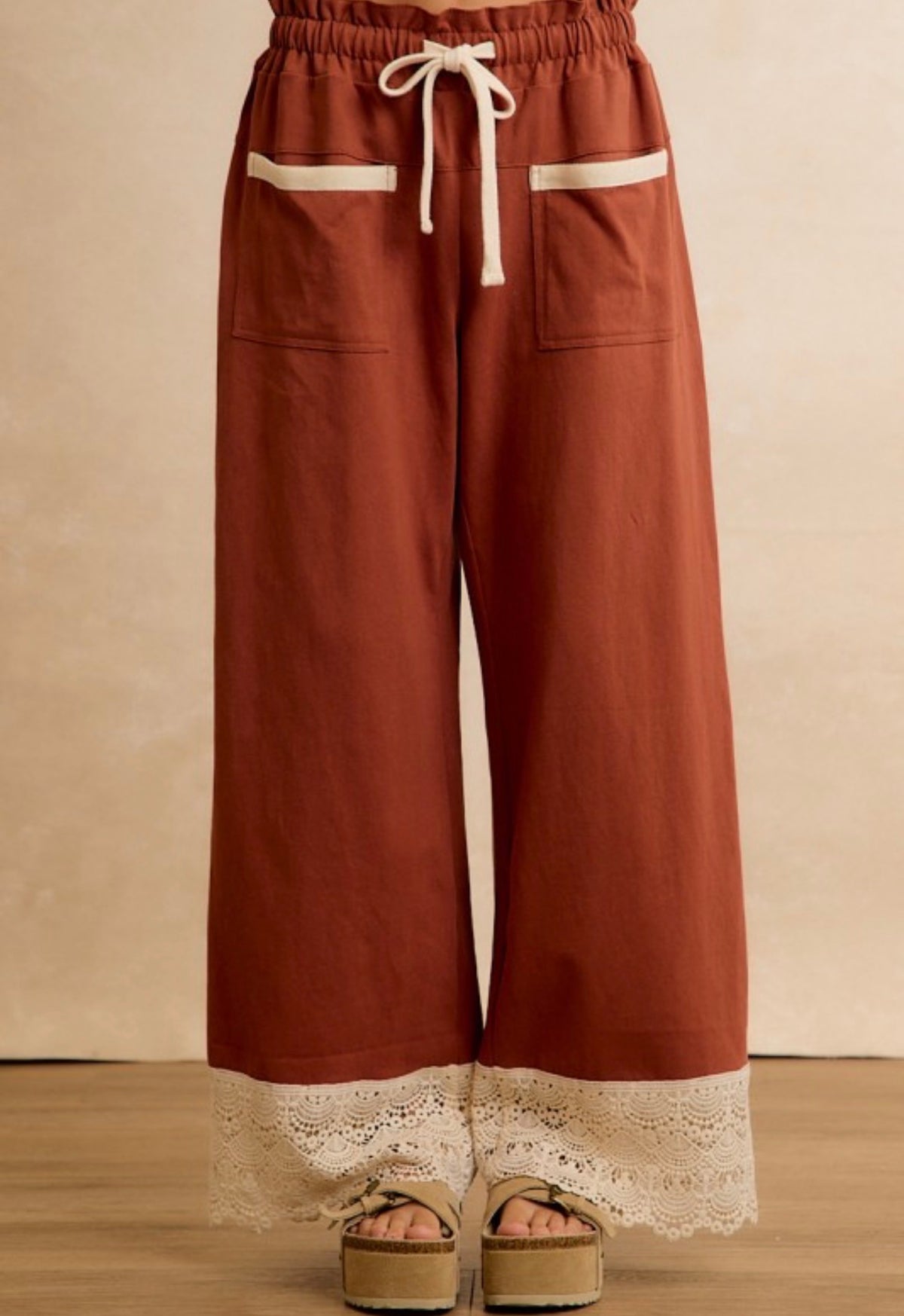 Rust Lace-Hem Wide-Leg Pants