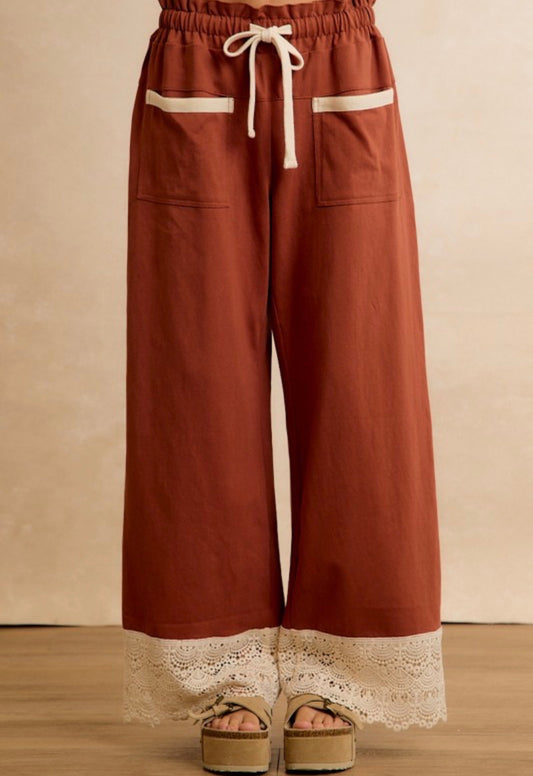 Rust Lace-Hem Wide-Leg Pants