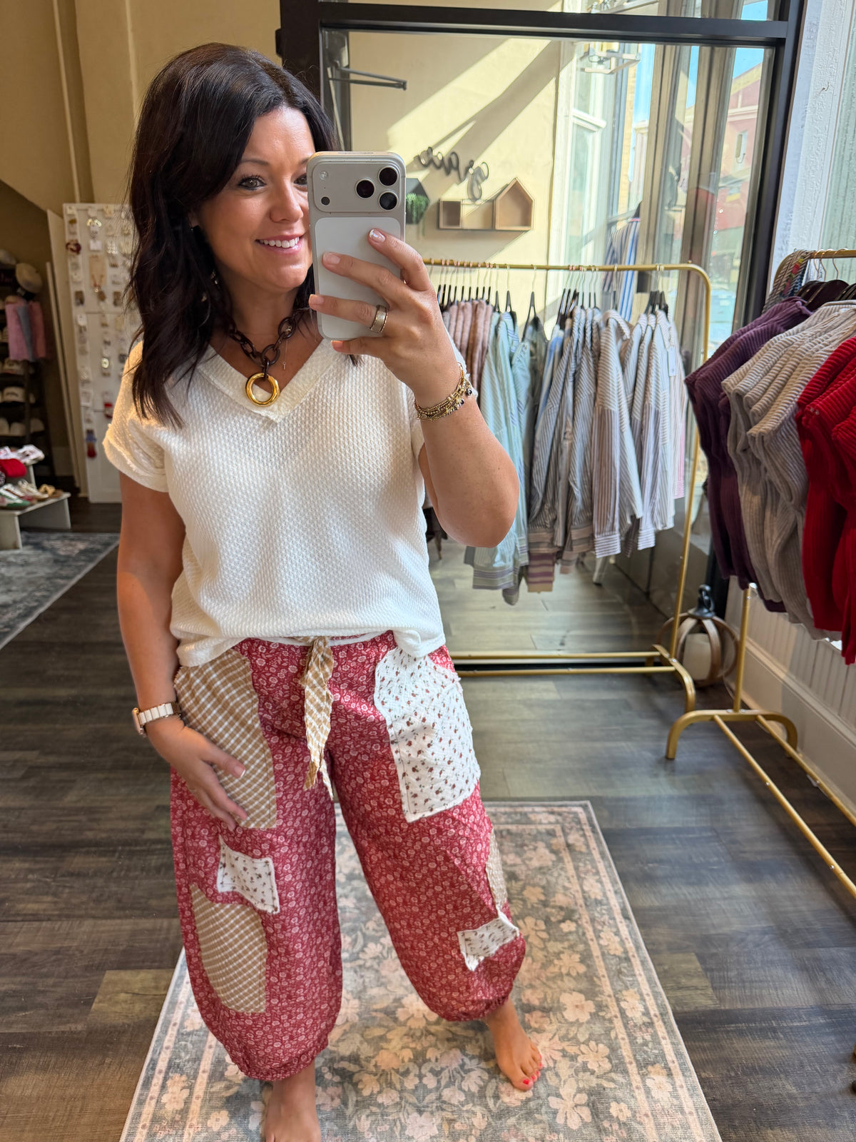 Floral Patchwork Printed Balloon Pants: CHILI PEPPER