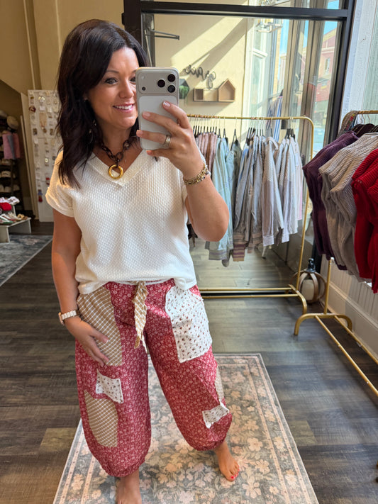 Floral Patchwork Printed Balloon Pants: CHILI PEPPER