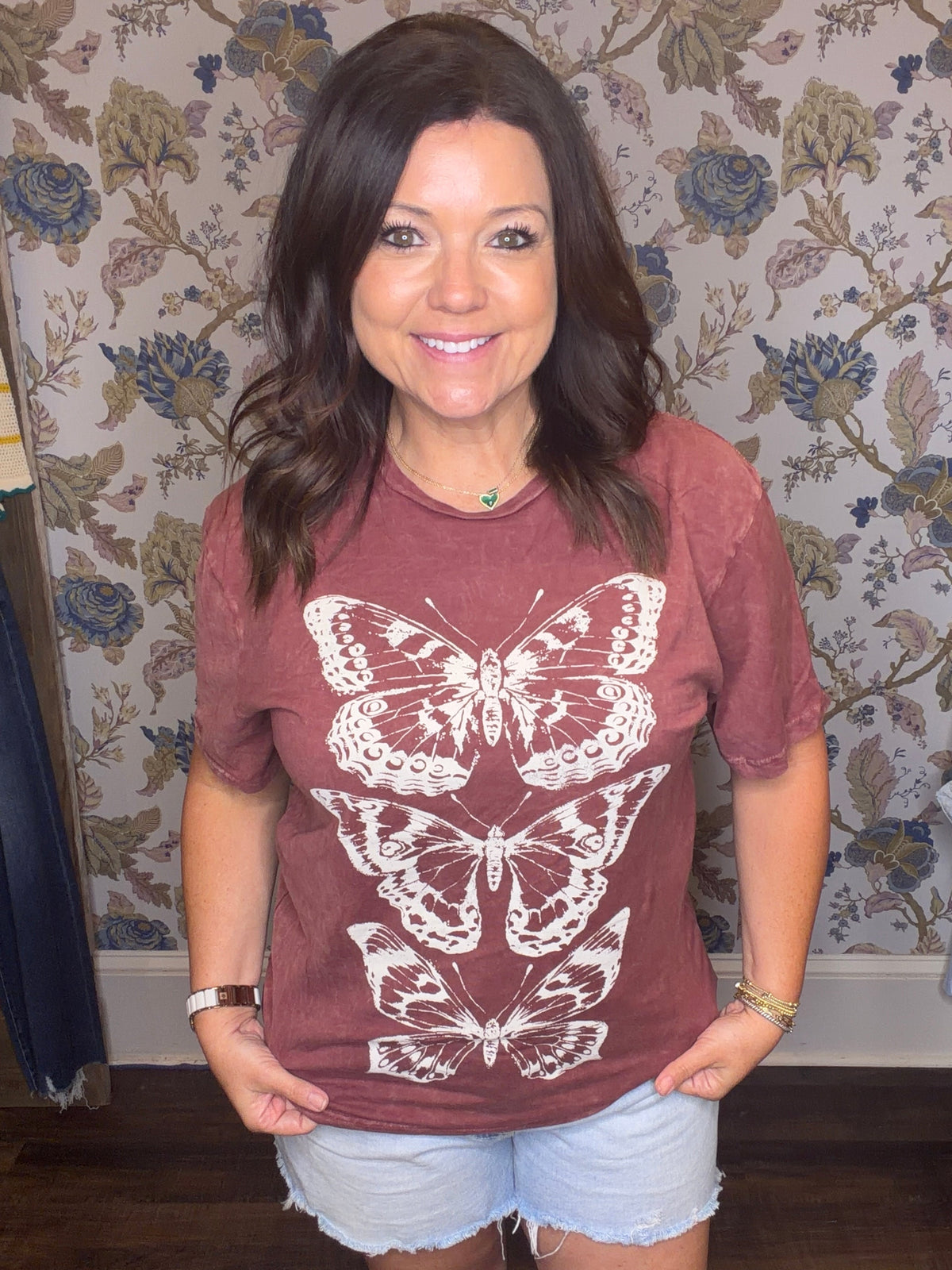 Butterflies Graphic Top: Vintage Wine Mineral Wash