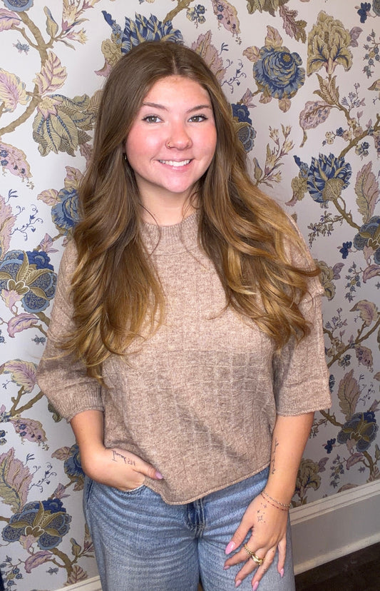 Cropped Length Ribbed Knit Sweater: MOCHA