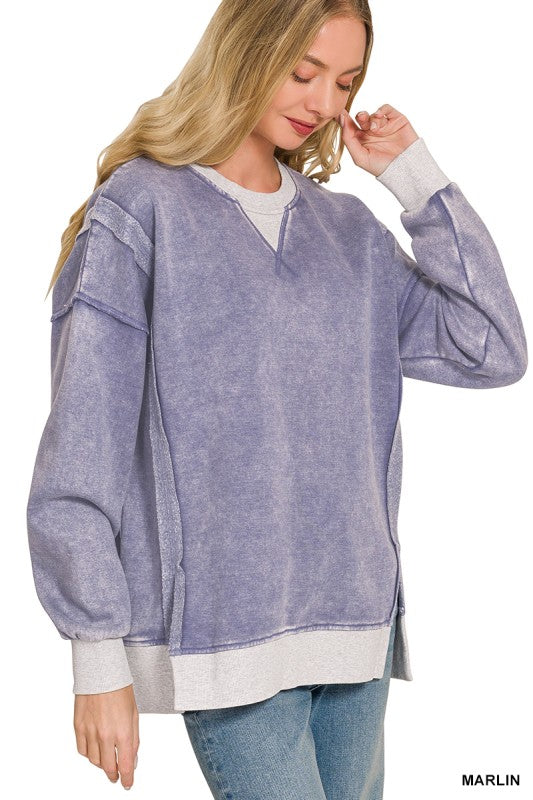 Acid Washed Fleece Contrast Trim Pullover
