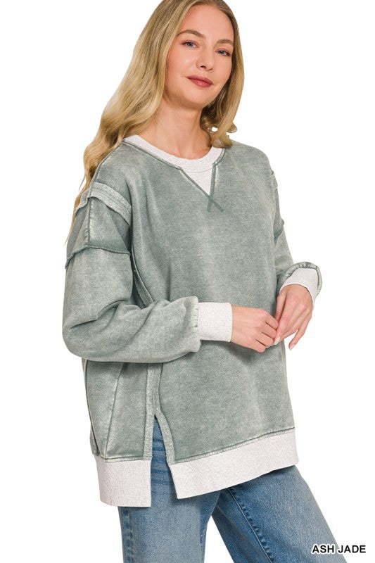 Acid Washed Fleece Contrast Trim Pullover
