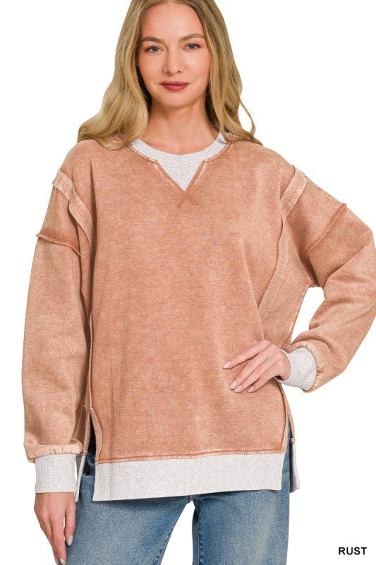 Acid Washed Fleece Contrast Trim Pullover