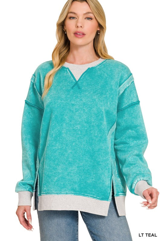 Acid Washed Fleece Contrast Trim Pullover